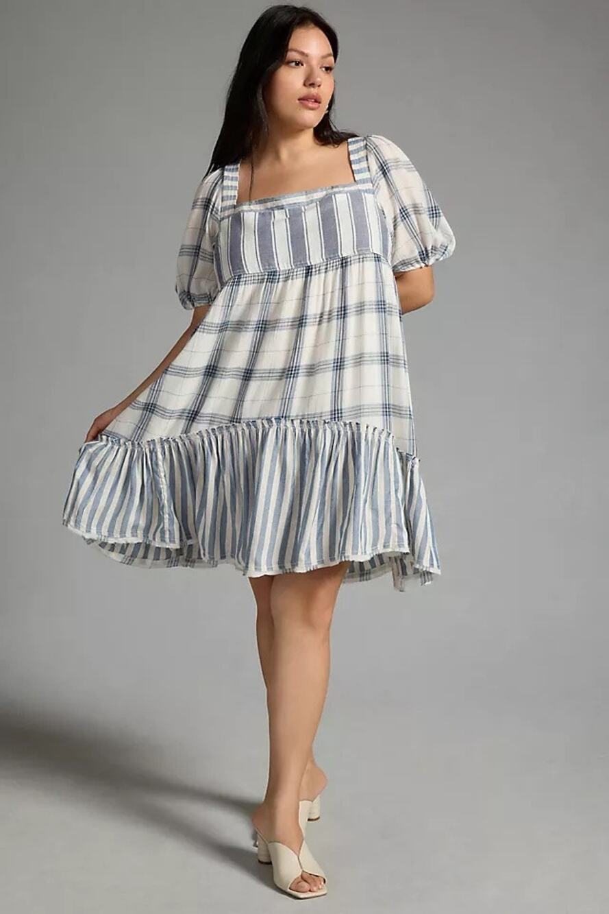 Anthropologie Pilcro Mixed Plaid Babydoll Swing Dress Size L